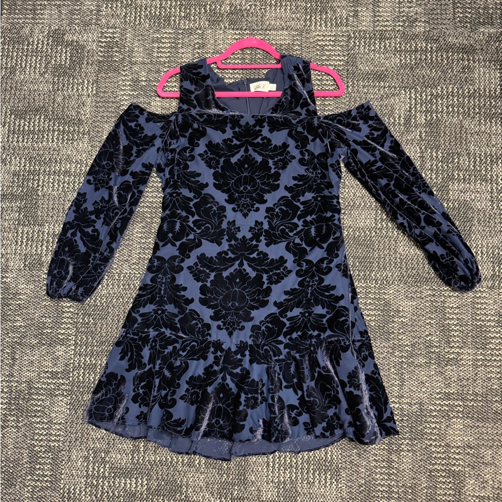 Velvet Cold Shoulder Dress in Blue and Black